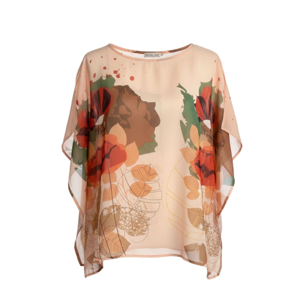 Young USA L/XL Blouse Orange Floral Cold Shoulder Semi Sheer Boho Fairycore